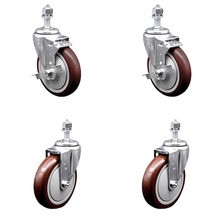 Service Caster 5 Inch SS Maroon Polyurethane Swivel 1/2 Inch Threaded Stem Caster Brake SCC, 2PK SSTS20S514-PPUB-MRN-TLB-121315-2-S-2